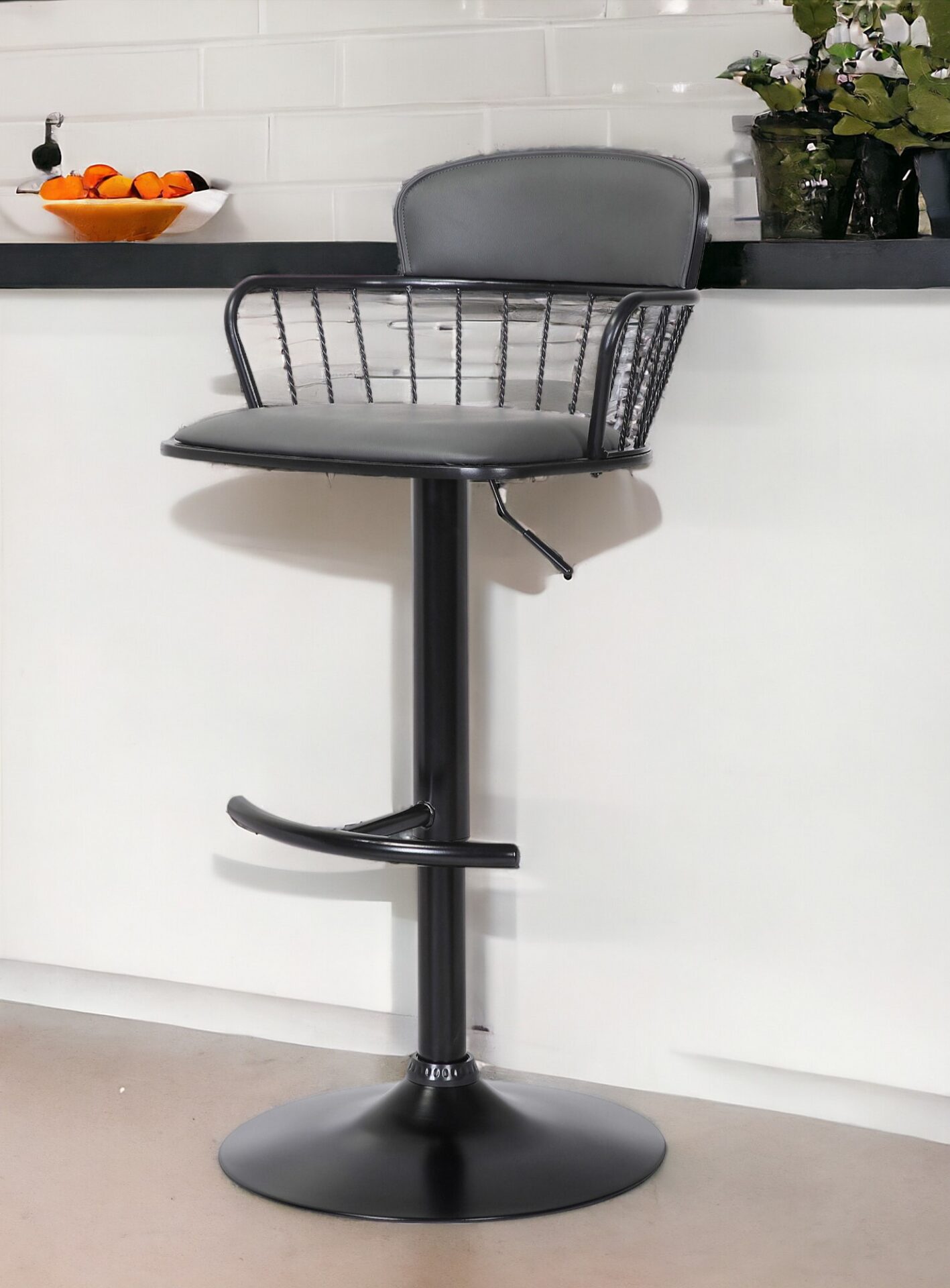 Adjustable Gray Black Faux Leather Swivel Bar Stool with Footrest