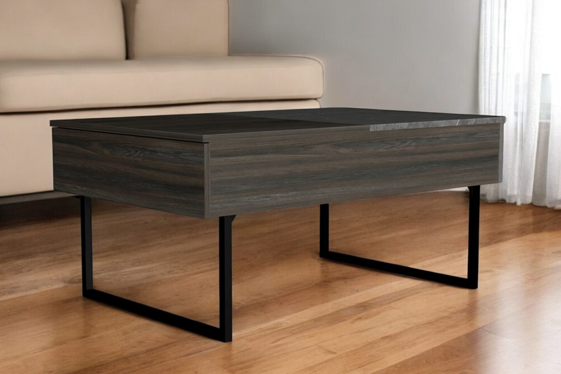 39 Inch Brown and Black Lift Top Coffee Table with Drawer