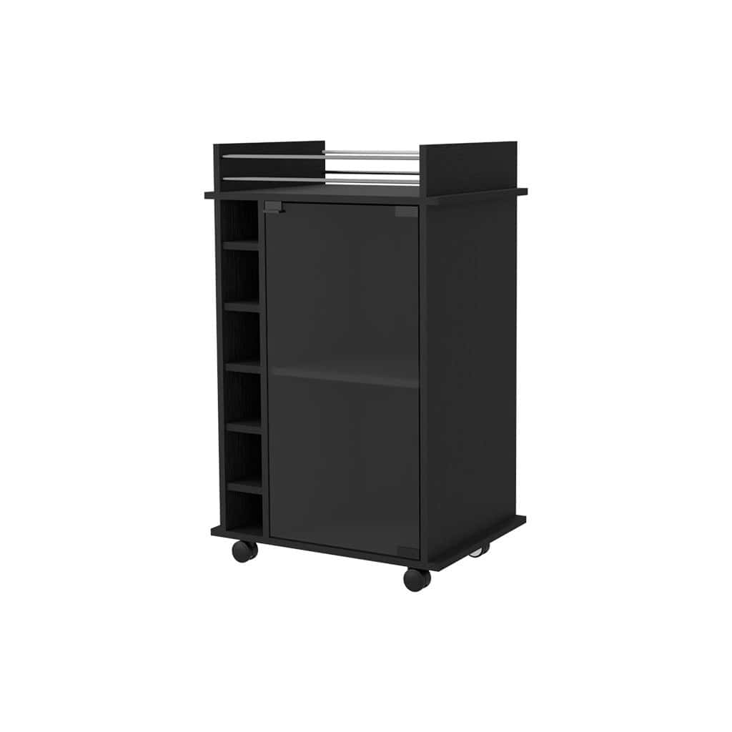 Black Rectangular Rolling Bar Cart With Wine Storage and Wheels
