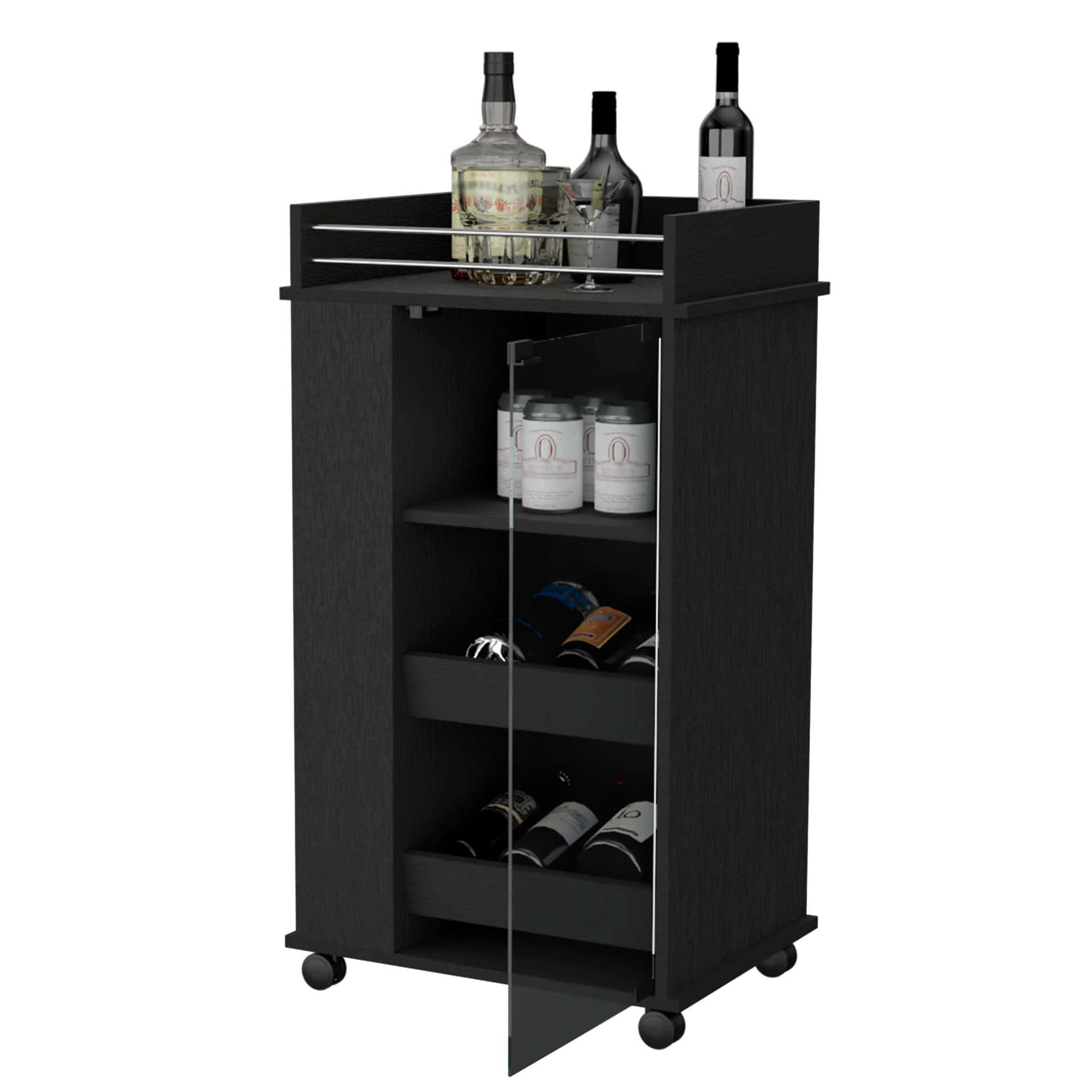 Black Rolling Bar Cart With Cabinets and Wine Storage