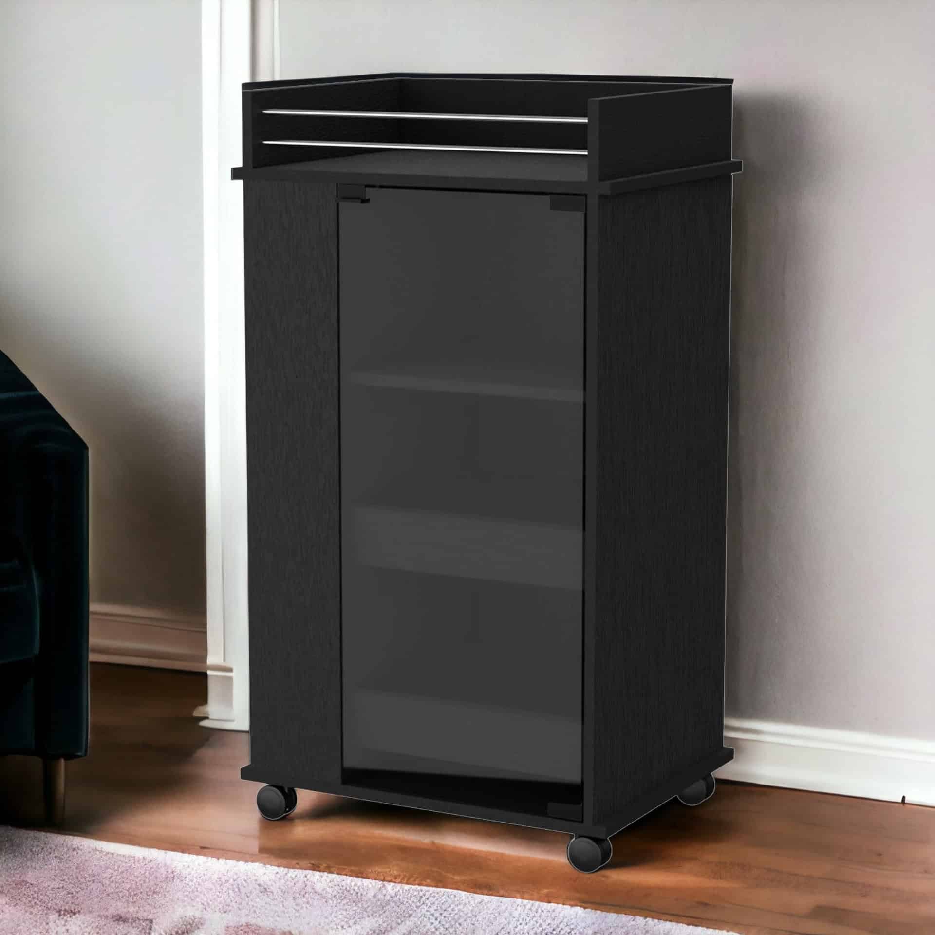Black Rolling Bar Cart With Cabinets and Wine Storage
