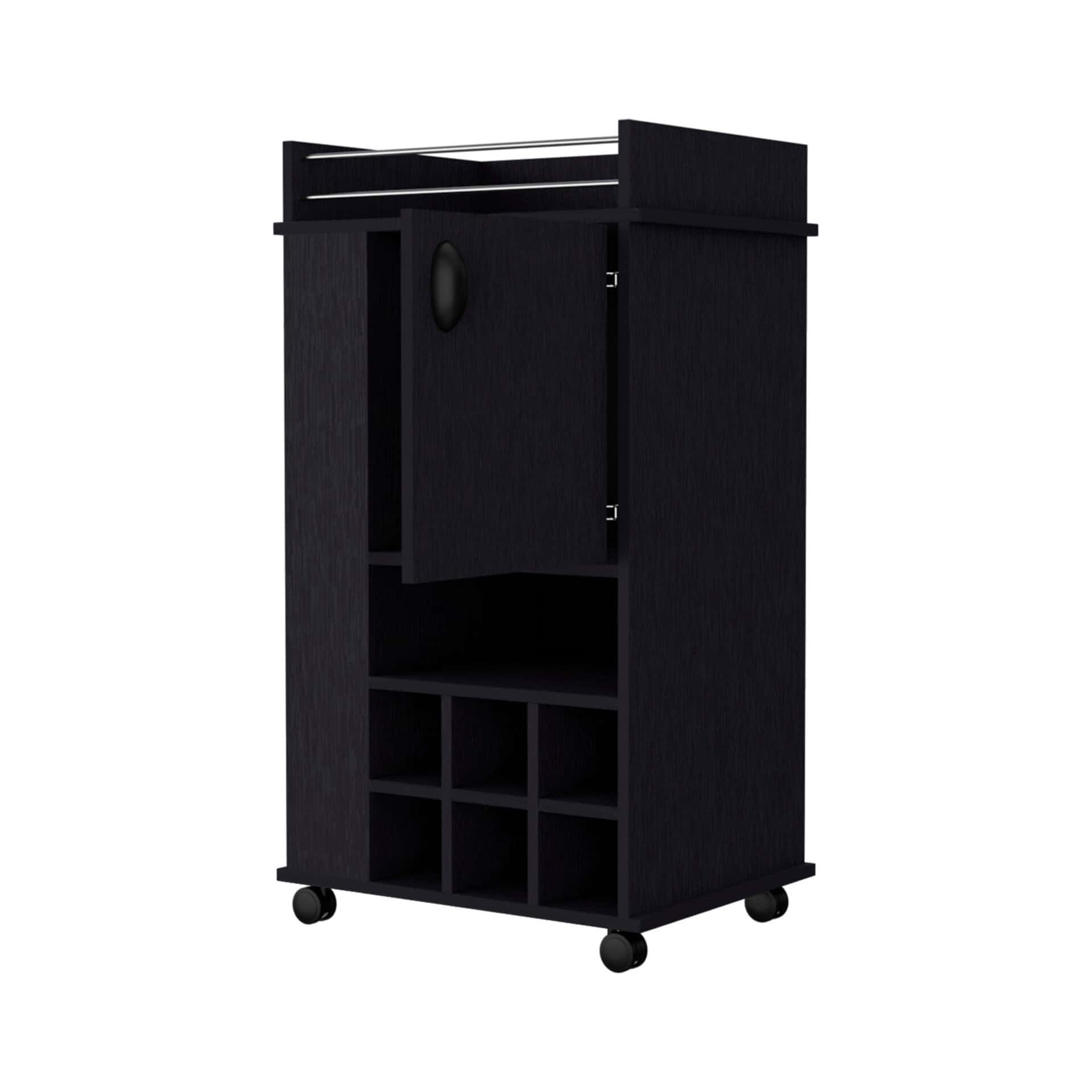Black Rolling Bar Cart With Wine Storage and Cabinets