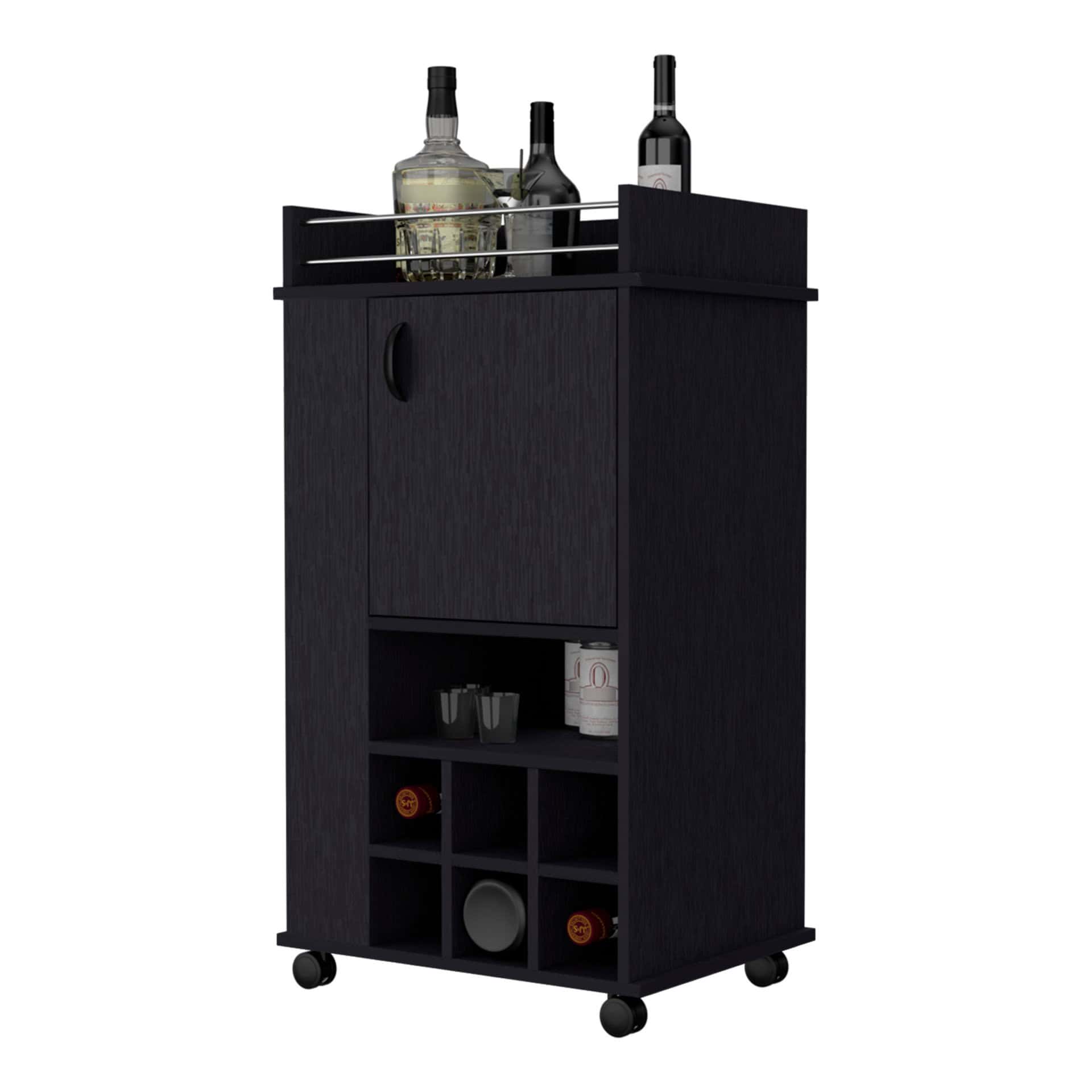 Black Rolling Bar Cart With Wine Storage and Cabinets