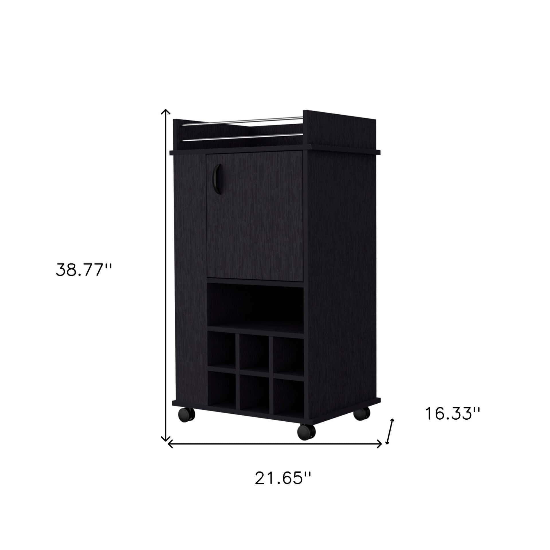 Black Rolling Bar Cart With Wine Storage and Cabinets