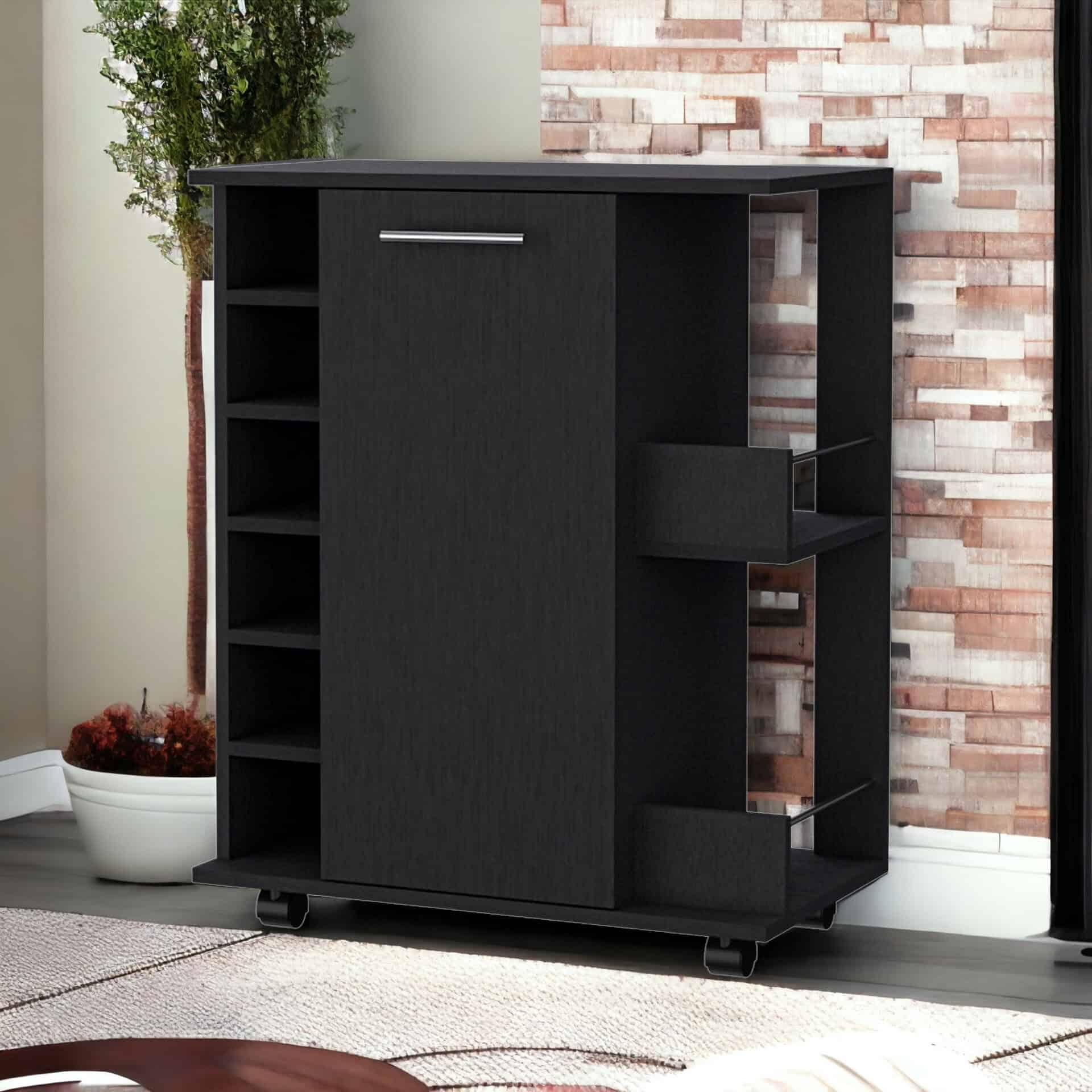 Modern Black Rolling Bar Cart With Wine Storage and Wheels