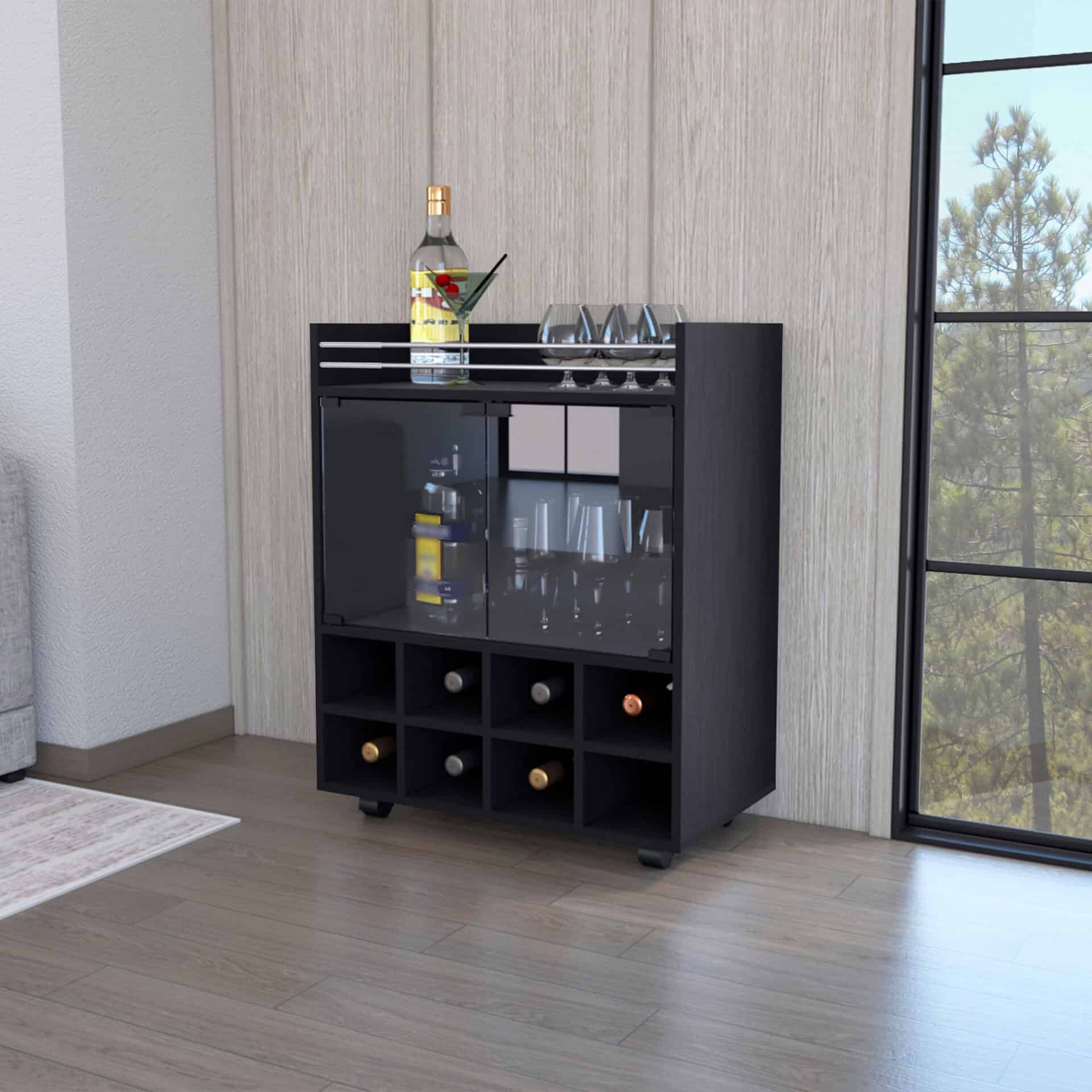 Modern Black Rolling Bar Cart With Wine and Cabinet Storage - Image 5