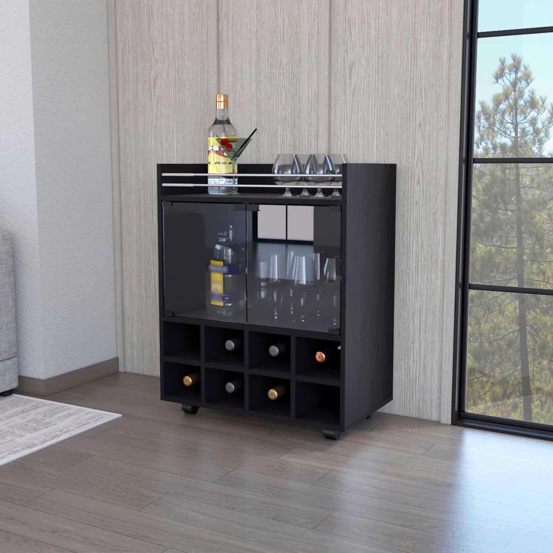 Modern Black Rolling Bar Cart With Wine and Cabinet Storage