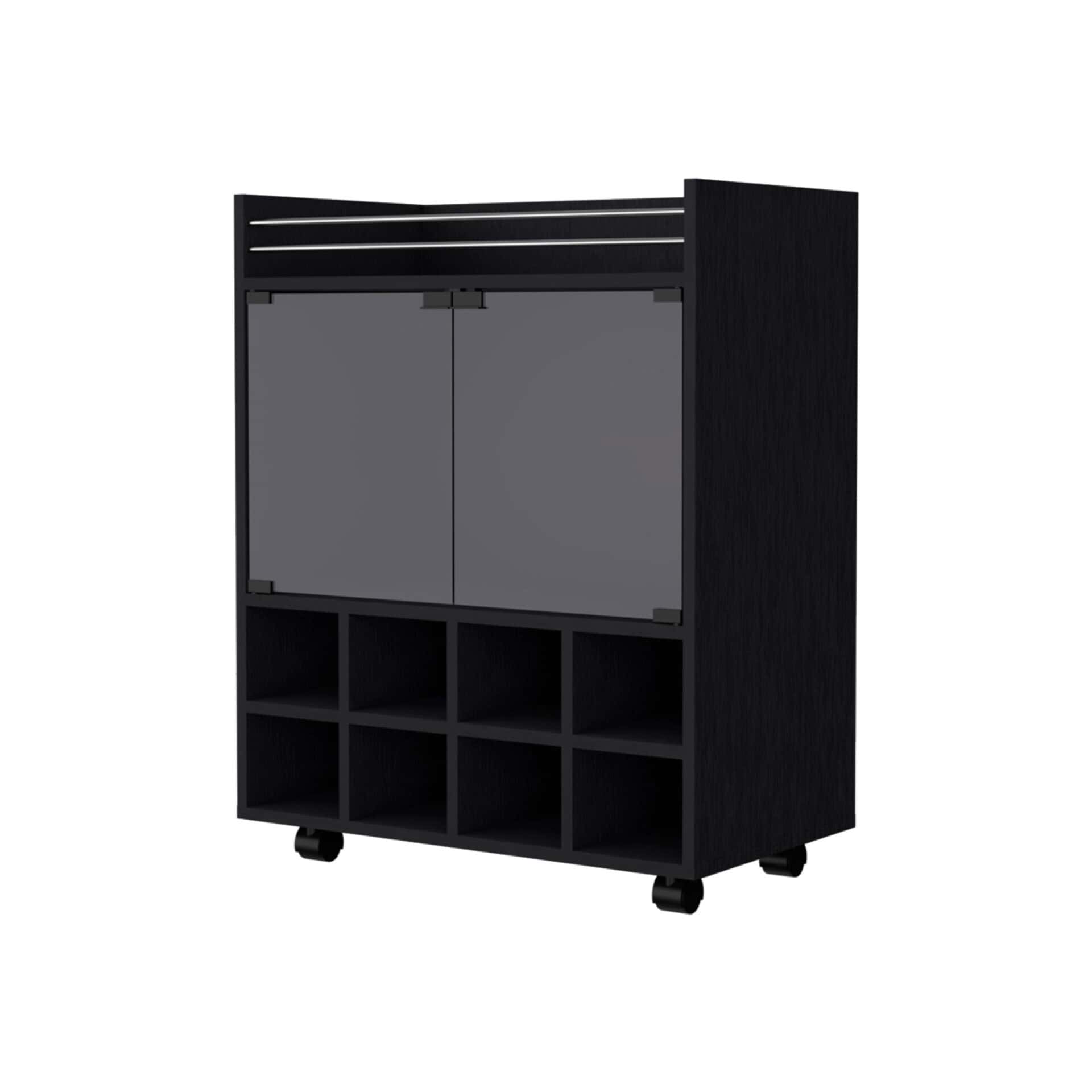 Modern Black Rolling Bar Cart With Wine and Cabinet Storage