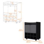 Modern Black Rolling Bar Cart With Wine and Cabinet Storage