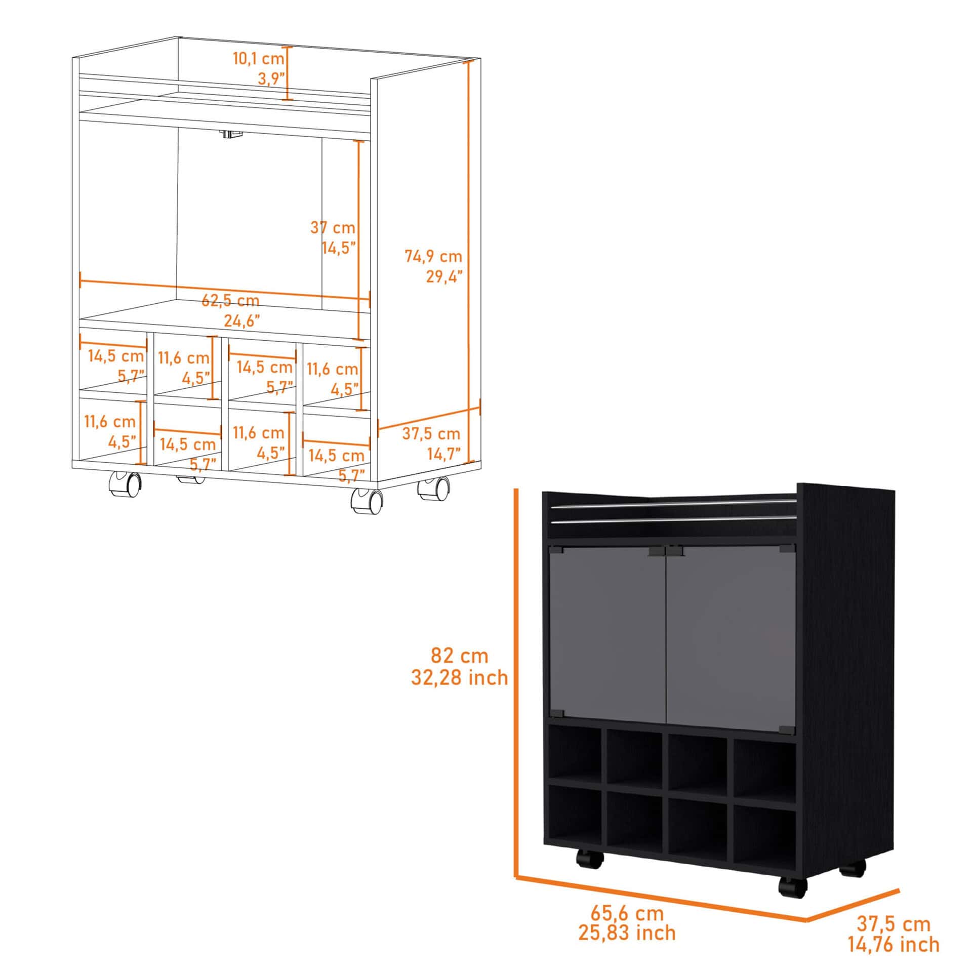 Modern Black Rolling Bar Cart With Wine and Cabinet Storage