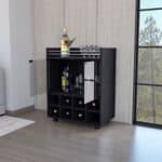 Modern Black Rolling Bar Cart With Wine and Cabinet Storage