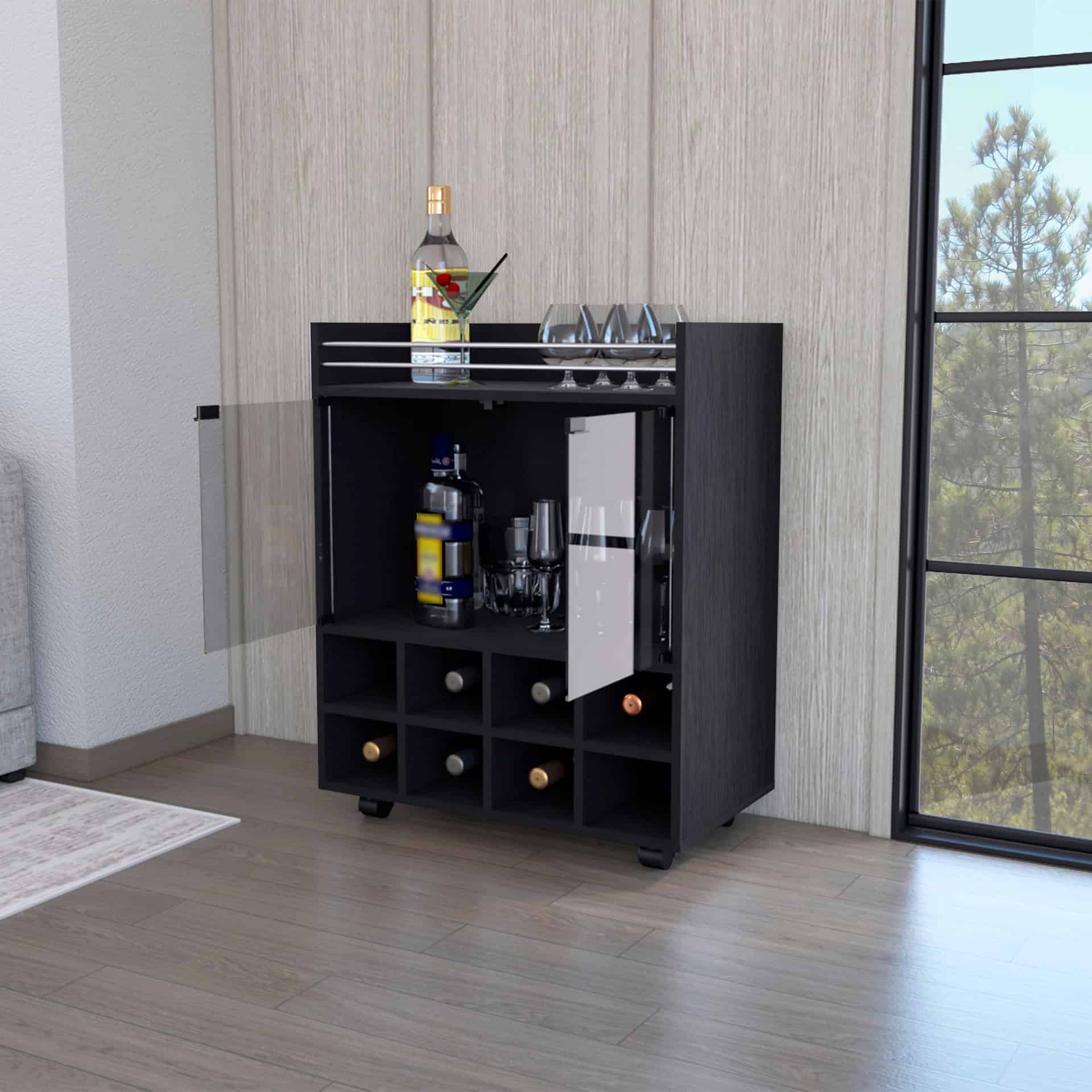 Modern Black Rolling Bar Cart With Wine and Cabinet Storage