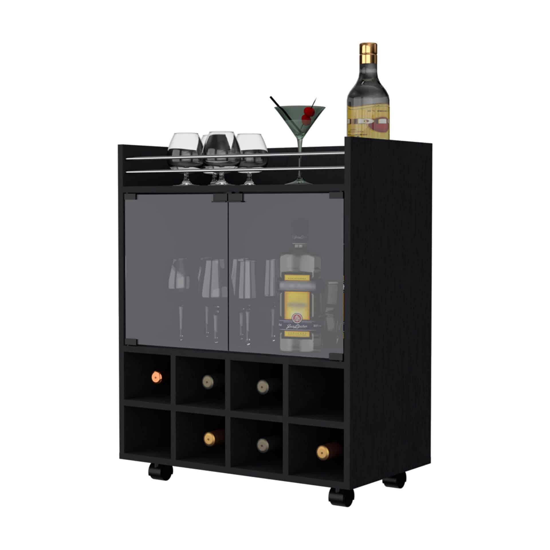 Modern Black Rolling Bar Cart With Wine and Cabinet Storage - Image 4