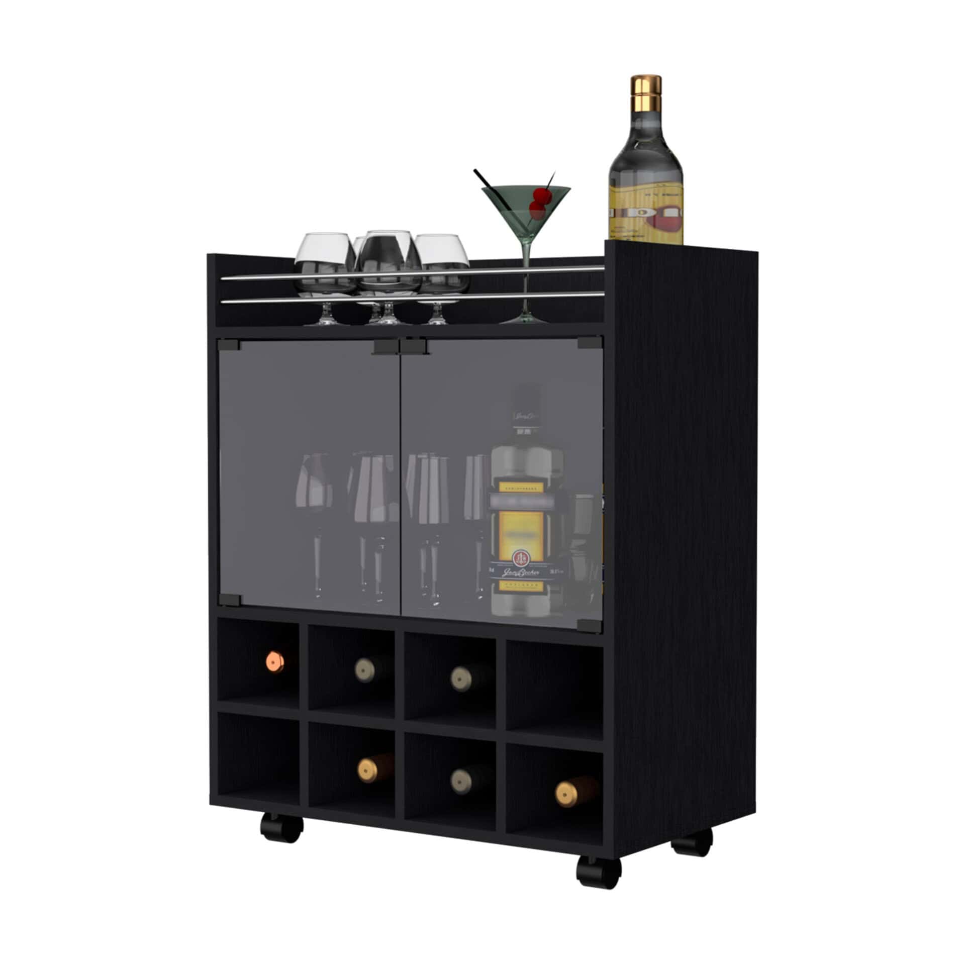 Modern Black Rolling Bar Cart With Wine and Cabinet Storage