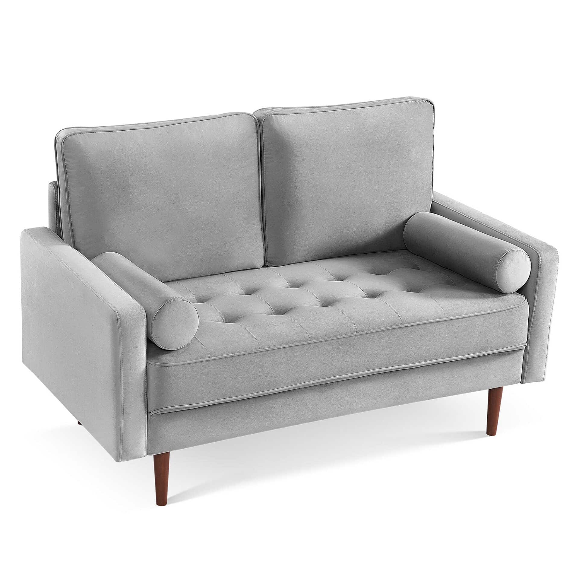 Gray and Dark Brown Velvet Loveseat with Toss Pillows