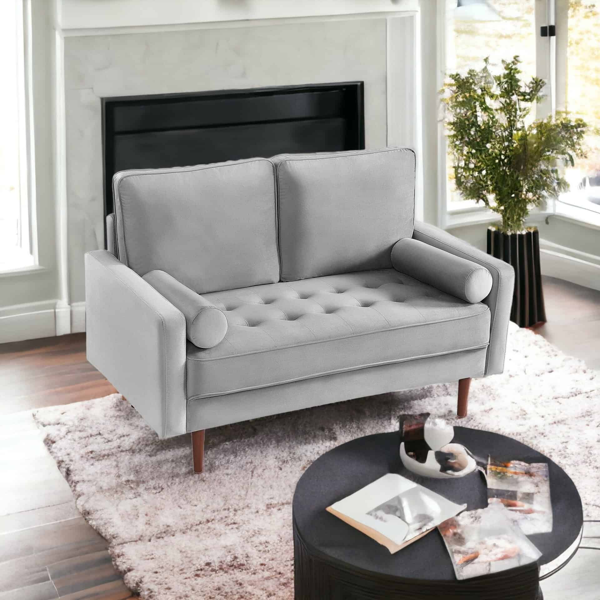 Gray and Dark Brown Velvet Loveseat with Toss Pillows - Image 2