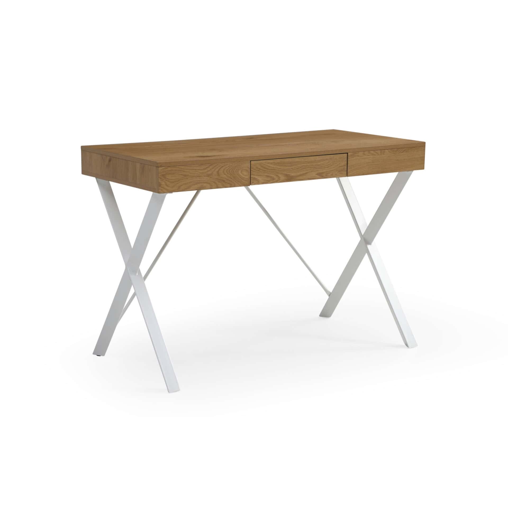Natural and White Writing Desk with Drawer and Metal Base