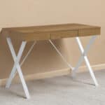 Natural and White Writing Desk with Drawer and Metal Base