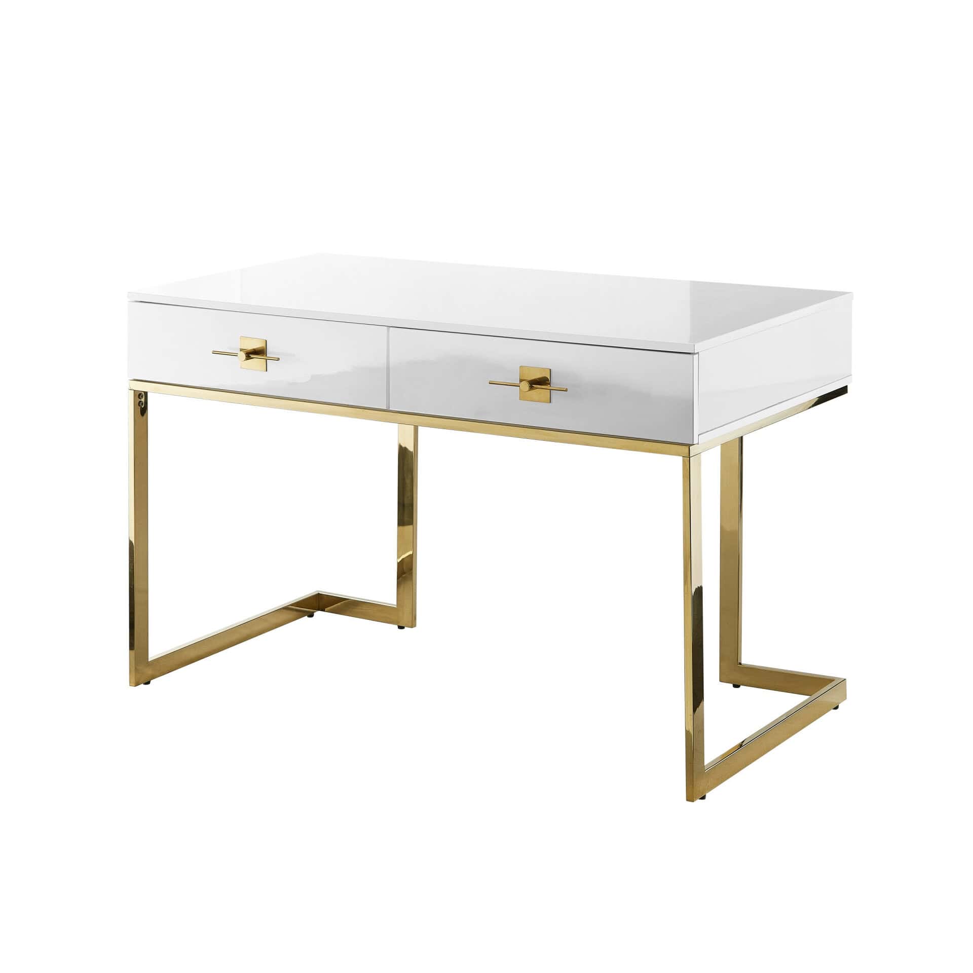 White and Gold Writing Desk With Drawers and Stainless Steel Base
