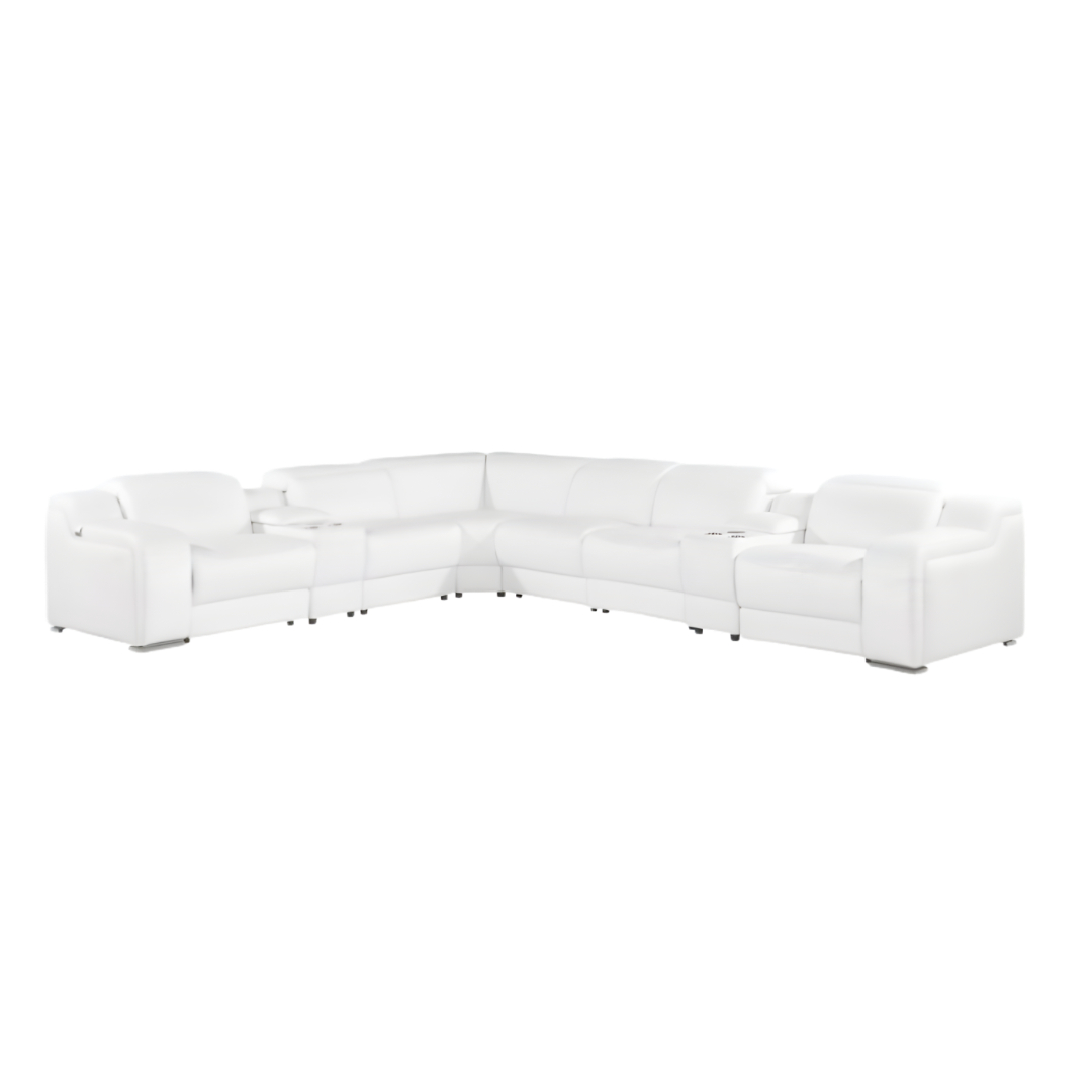 152 Inch White Italian Leather Power Reclining L Shaped Sectional