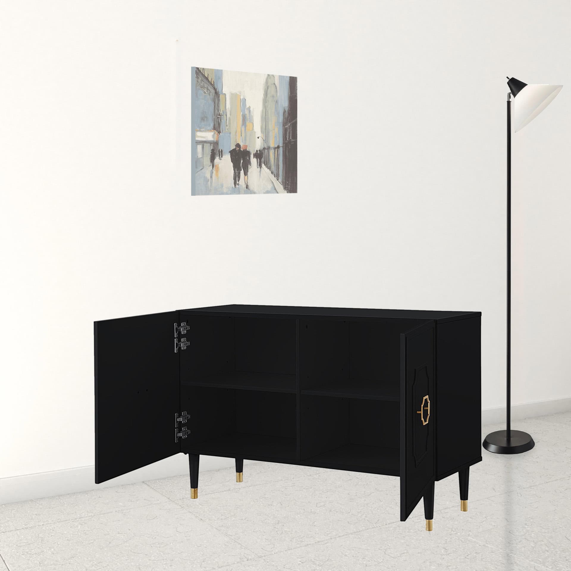 Modern Black Sideboard with Gold Accents and Shelves