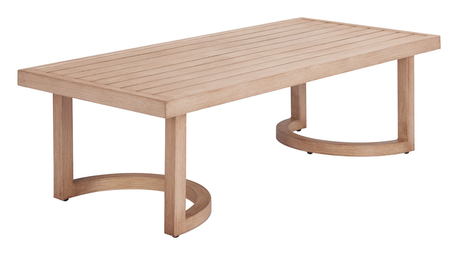 Modern Aluminum Coffee Table with Faux Wood Finish and Curved Base
