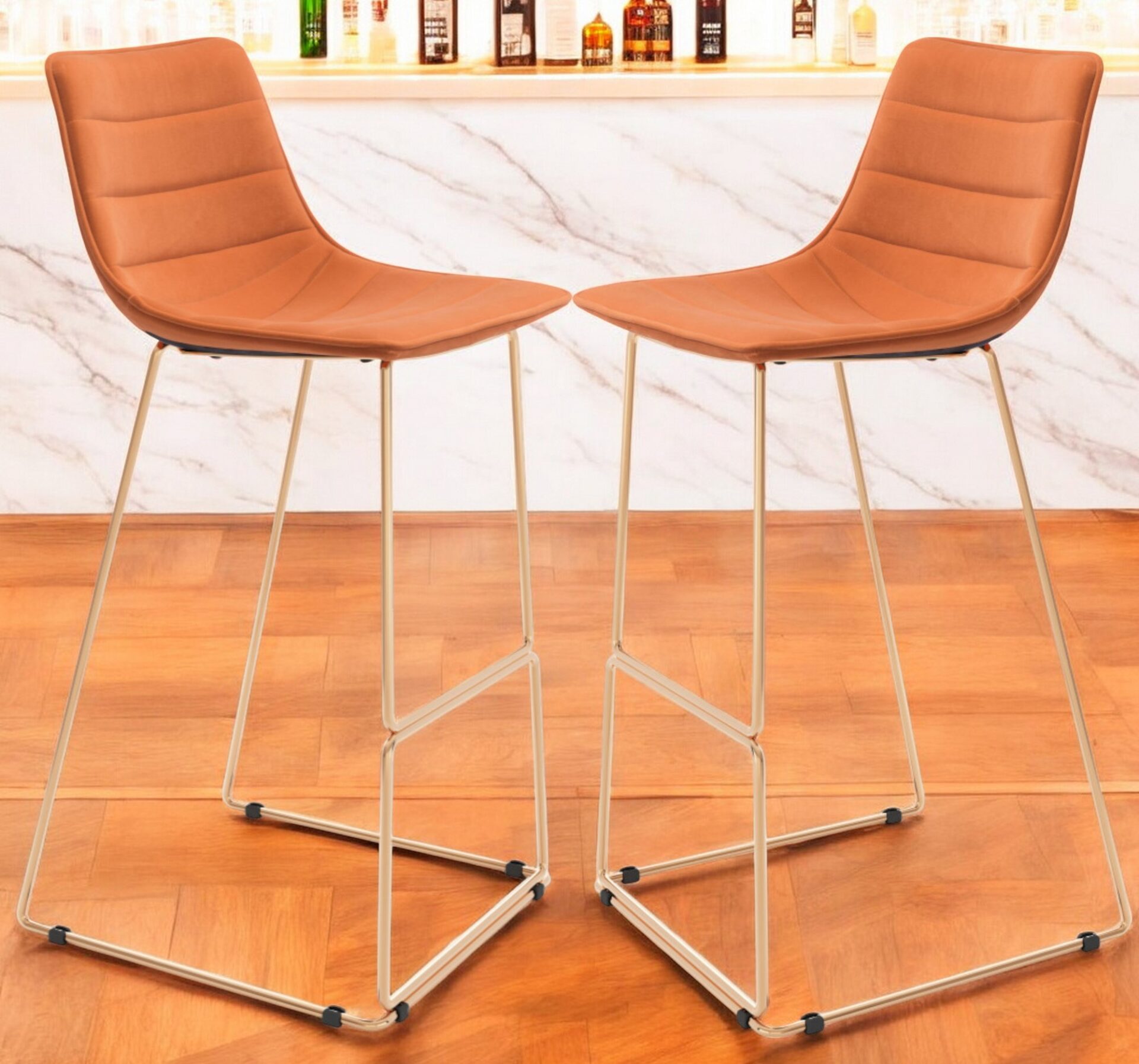 30 Inch Orange Velvet Gold Steel Bar Stools Modern (Set of 2)