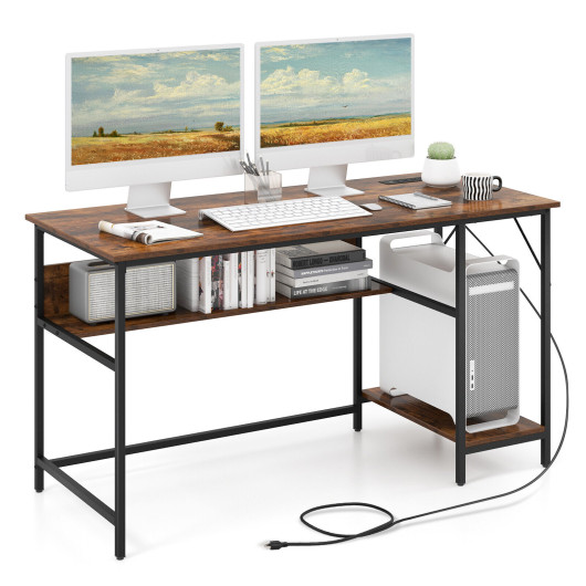 55 Inch Computer Desk with Charging Station and Storage Shelf