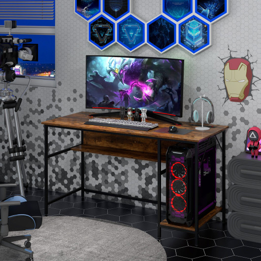 55 Inch Computer Desk with Charging Station and Storage Shelf