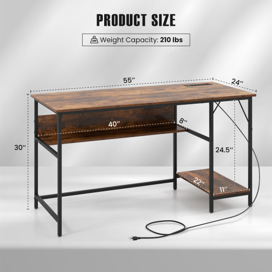 55 Inch Computer Desk with Charging Station and Storage Shelf