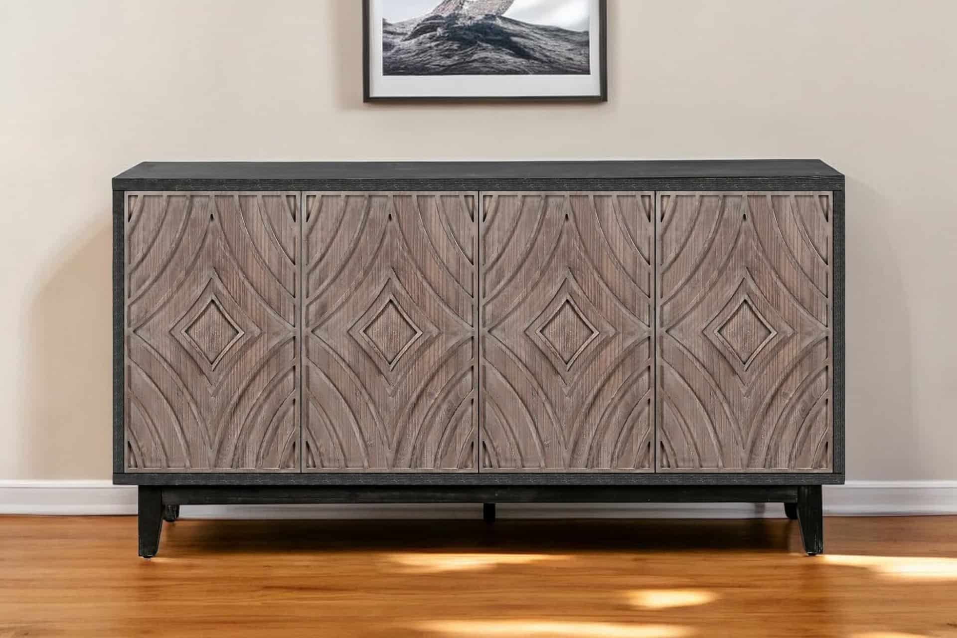 Distressed Charcoal and Brown Mid-Century Wood Sideboard with Storage