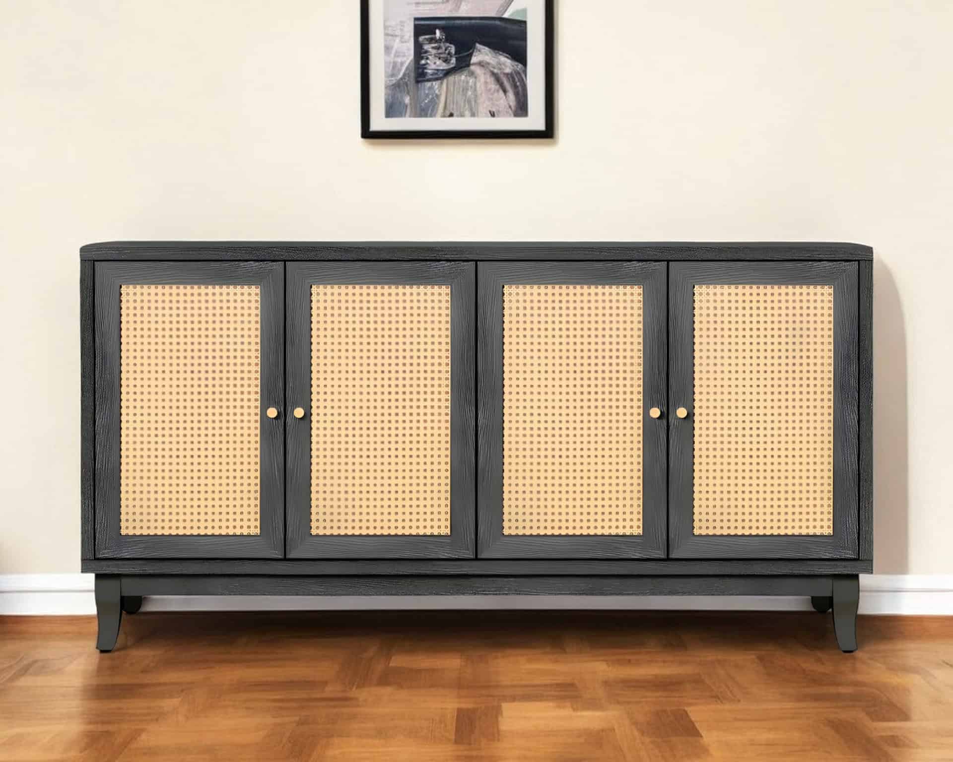 Charcoal and Natural Wood Rattan Sideboard with Four Doors