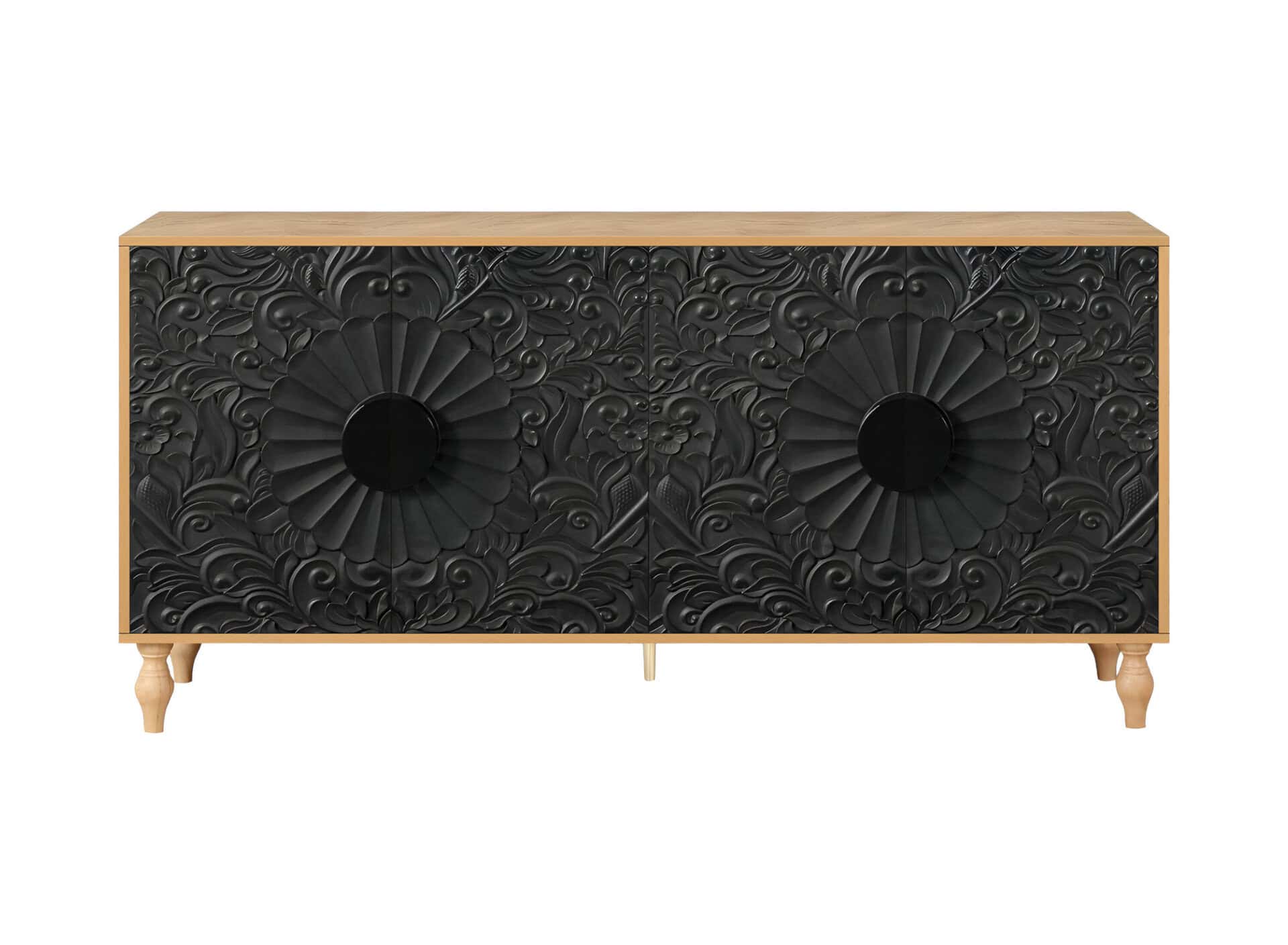 Distressed Floral Carved Sideboard Natural Black Finish with Storage
