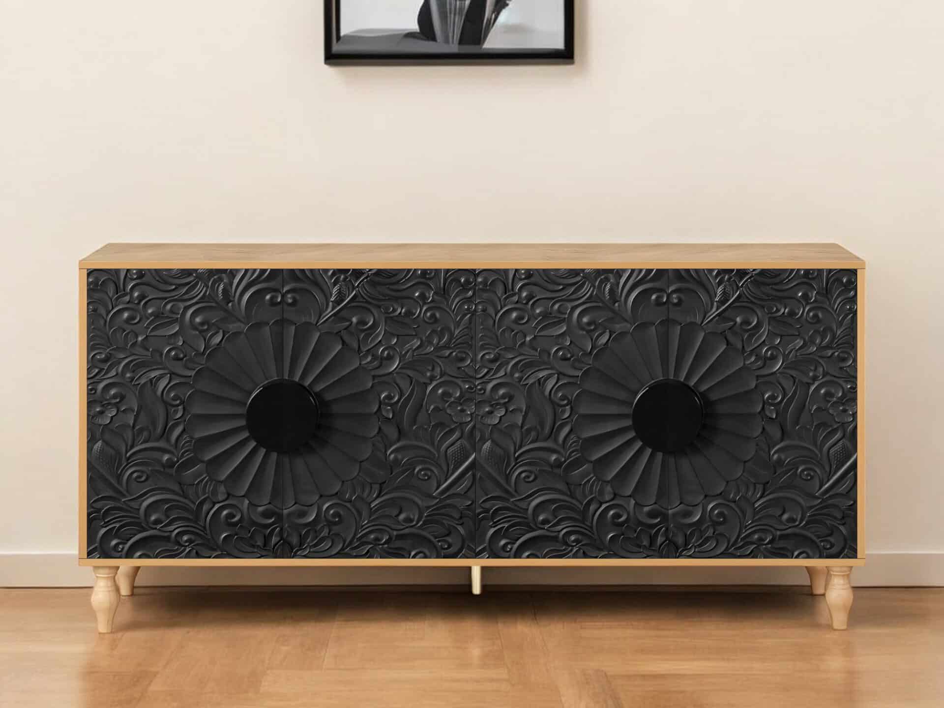 Distressed Floral Carved Sideboard Natural Black Finish with Storage