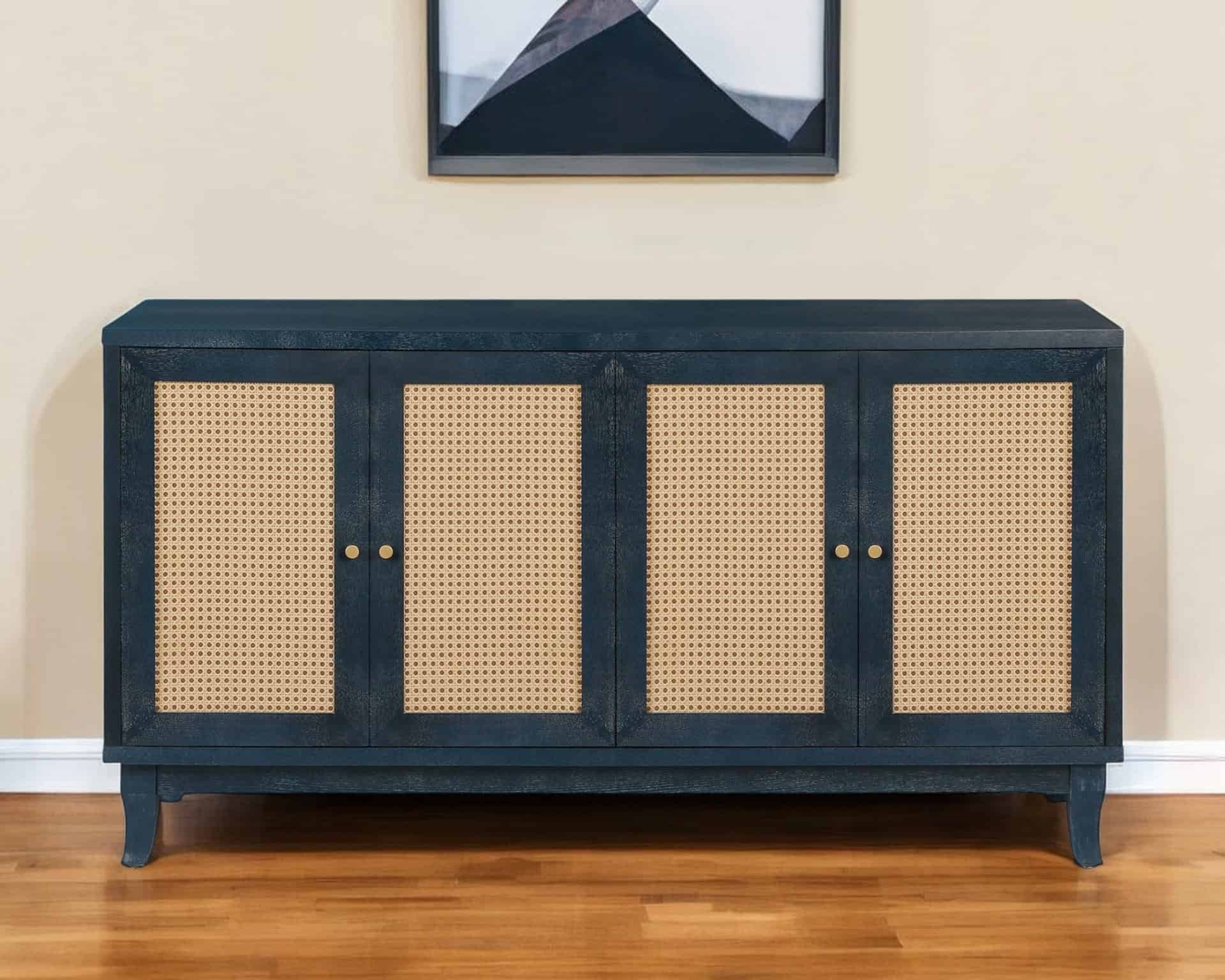 Blue Wood and Rattan Distressed Sideboard with Four Doors