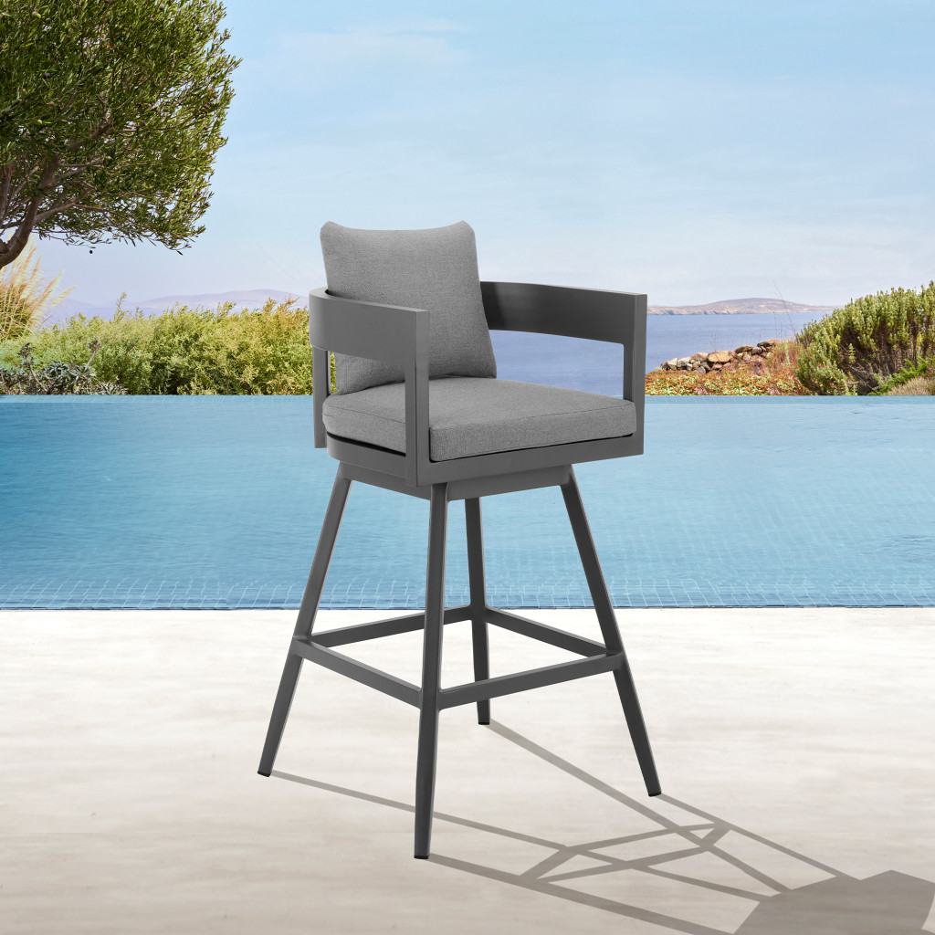 39-Inch Dark Gray Metal Swivel Outdoor Bar Stool With Footrest