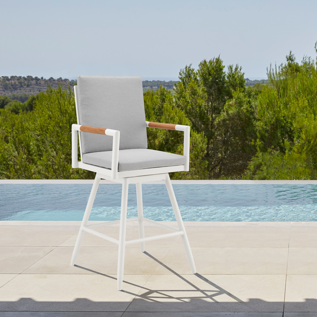 43-Inch Light Gray Swivel Outdoor Bar Stool with Footrest