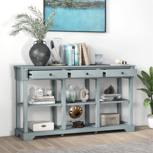 Retro Blue Console Table with Drawers and Open Shelves