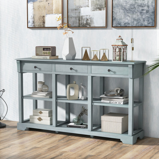 Retro Blue Console Table with Drawers and Open Shelves
