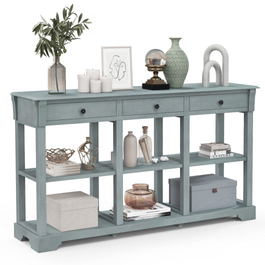 Retro Blue Console Table with Drawers and Open Shelves