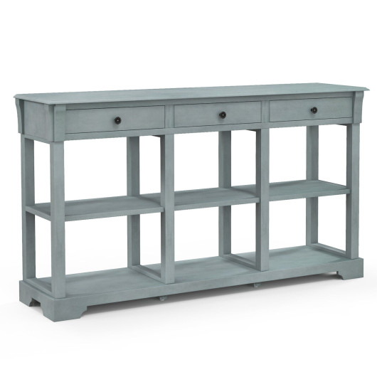 Retro Blue Console Table with Drawers and Open Shelves