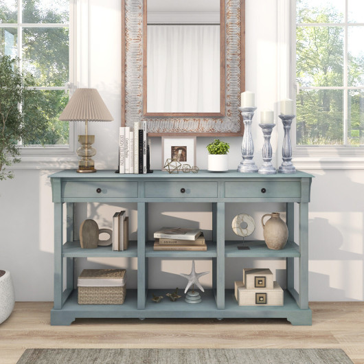 Retro Blue Console Table with Drawers and Open Shelves