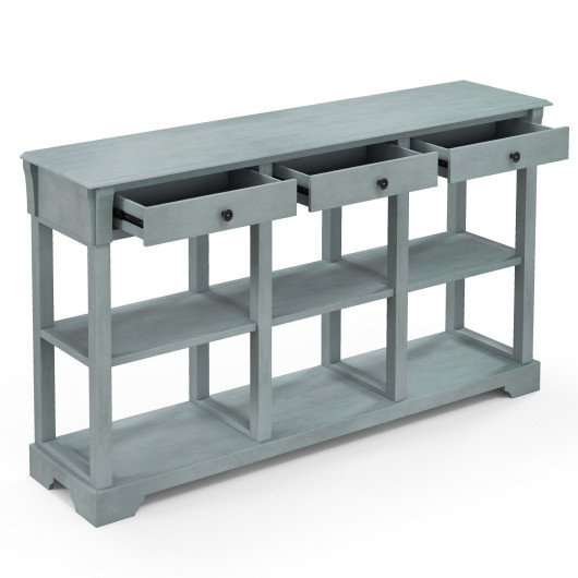 Retro Blue Console Table with Drawers and Open Shelves