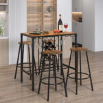 Rustic Industrial Bar Table Set with Wine Rack and Stools (5)