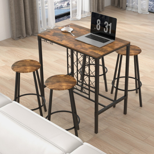 Rustic Industrial Bar Table Set with Wine Rack and Stools (5) - Image 2