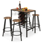 Rustic Industrial Bar Table Set with Wine Rack and Stools (5)