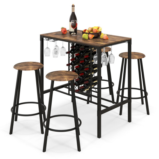 Rustic Industrial Bar Table Set with Wine Rack and Stools (5) - Image 3