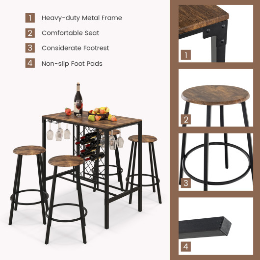 Rustic Industrial Bar Table Set with Wine Rack and Stools (5) - Image 5