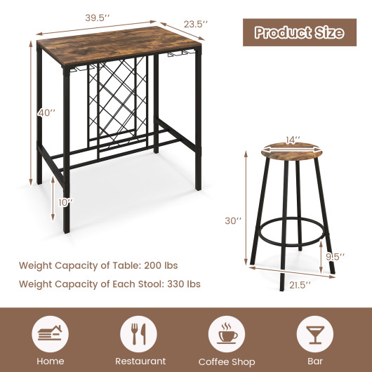 Rustic Industrial Bar Table Set with Wine Rack and Stools (5) - Image 4