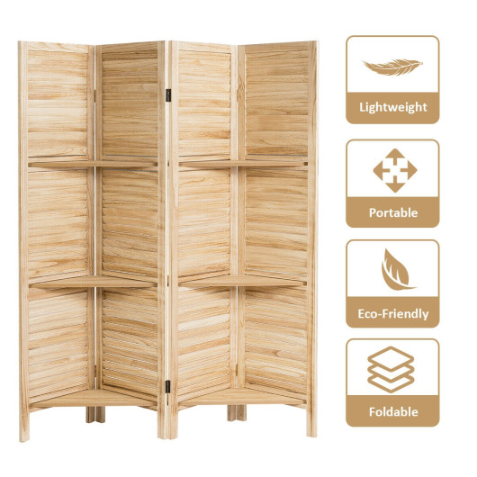 4 Panel Folding Room Divider with 3 Display Shelves
